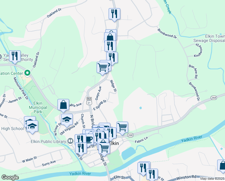 map of restaurants, bars, coffee shops, grocery stores, and more near 150 Ridge Street in Elkin