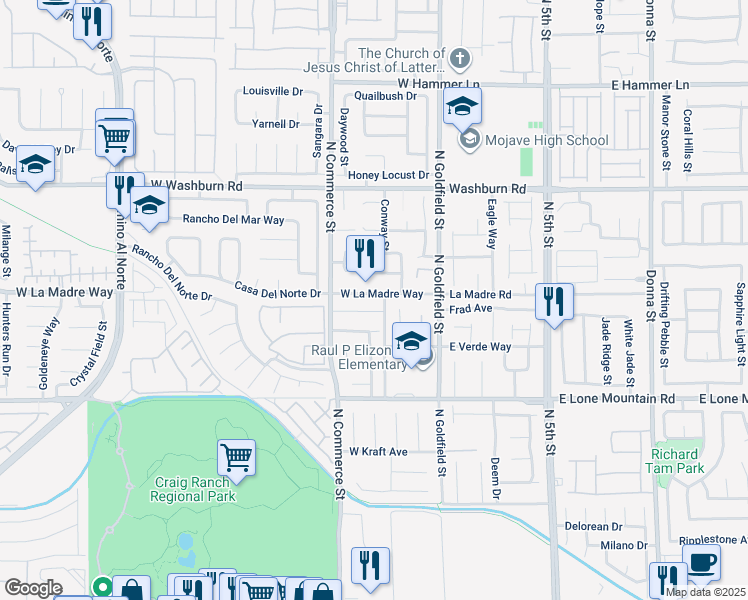 map of restaurants, bars, coffee shops, grocery stores, and more near 129 West La Madre Way in North Las Vegas