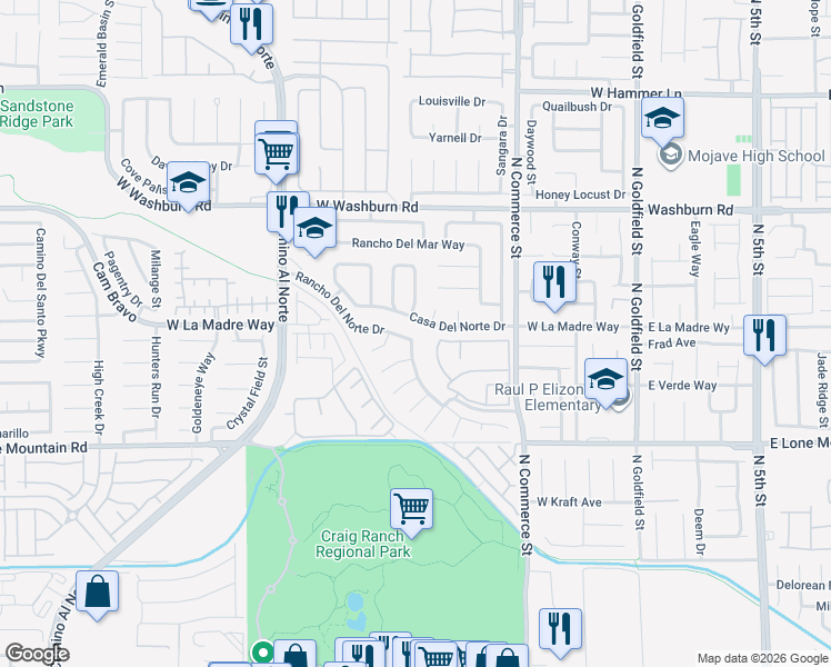 map of restaurants, bars, coffee shops, grocery stores, and more near 514 Rancho Del Norte Drive in North Las Vegas