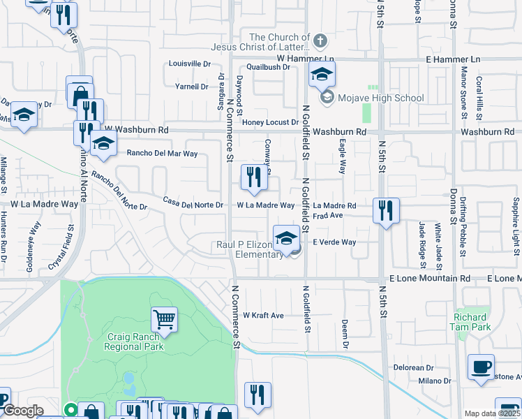 map of restaurants, bars, coffee shops, grocery stores, and more near 129 West La Madre Way in North Las Vegas