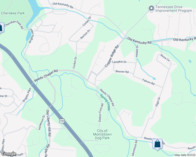 map of restaurants, bars, coffee shops, grocery stores, and more near 3208 Copper Ridge Road in Morristown