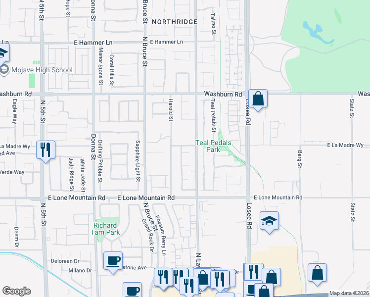 map of restaurants, bars, coffee shops, grocery stores, and more near 1816 East Mojave Bend Court in North Las Vegas