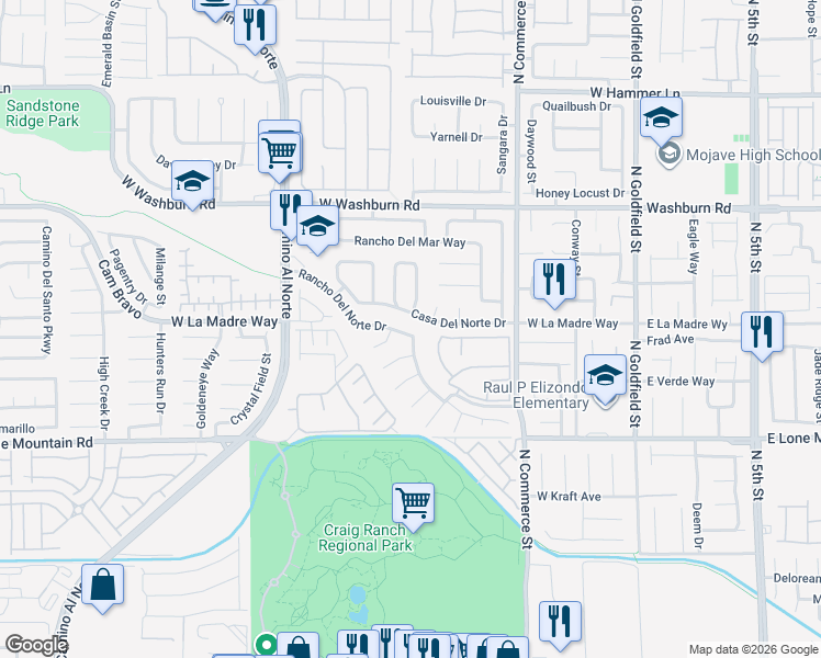 map of restaurants, bars, coffee shops, grocery stores, and more near 505 Casa Del Norte Drive in North Las Vegas