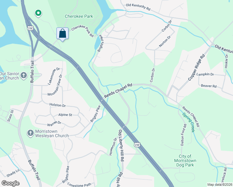 map of restaurants, bars, coffee shops, grocery stores, and more near 2499 Old Liberty Hill Road in Morristown
