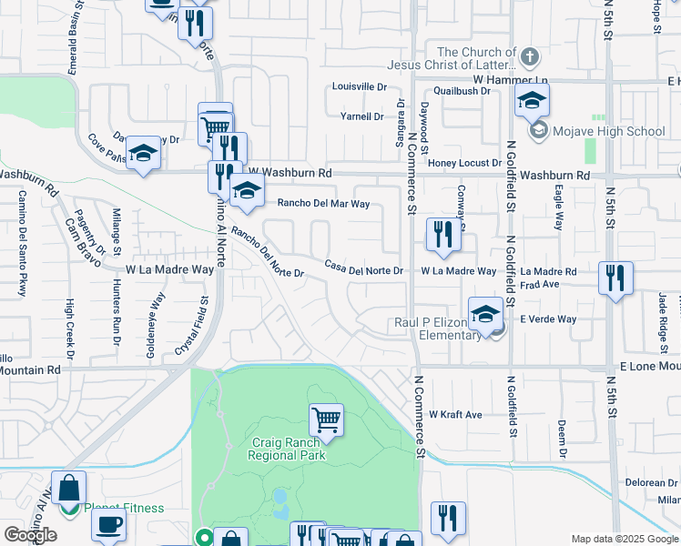 map of restaurants, bars, coffee shops, grocery stores, and more near 505 Casa Del Norte Drive in North Las Vegas