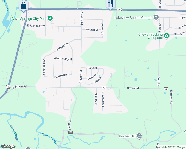 map of restaurants, bars, coffee shops, grocery stores, and more near 806 Dollar Street in Cave Springs