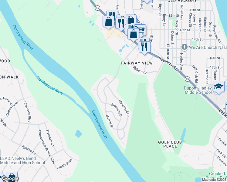 map of restaurants, bars, coffee shops, grocery stores, and more near 1912 Waterford Drive in Nashville