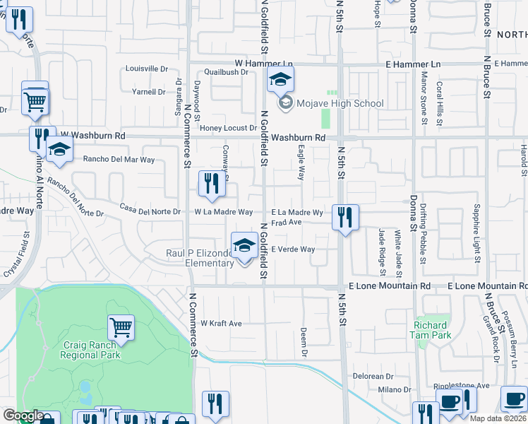 map of restaurants, bars, coffee shops, grocery stores, and more near 2 West La Madre Way in North Las Vegas