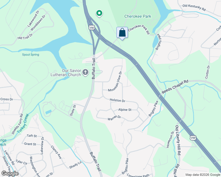 map of restaurants, bars, coffee shops, grocery stores, and more near 2525 Mountain View Drive in Morristown