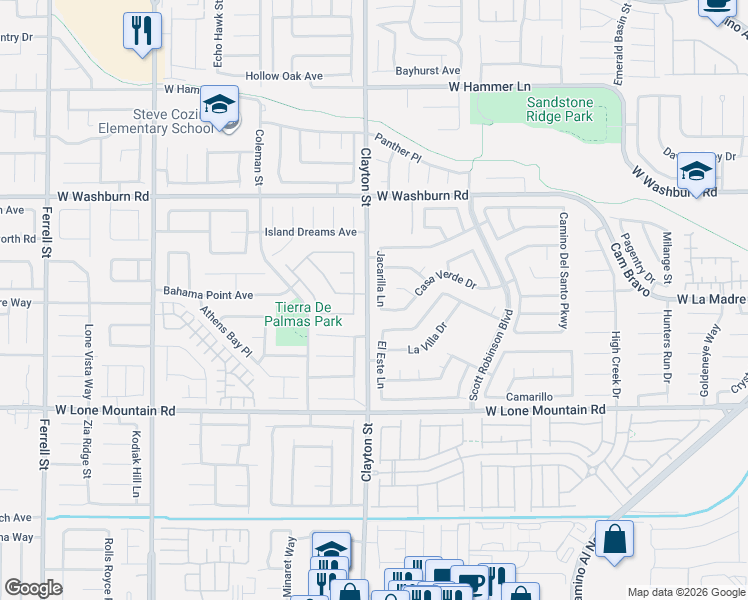 map of restaurants, bars, coffee shops, grocery stores, and more near 5020 Jacarilla Lane in North Las Vegas
