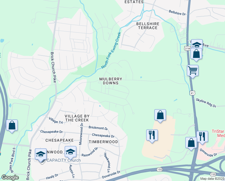 map of restaurants, bars, coffee shops, grocery stores, and more near 1600 Mulberry Downs Circle in Nashville