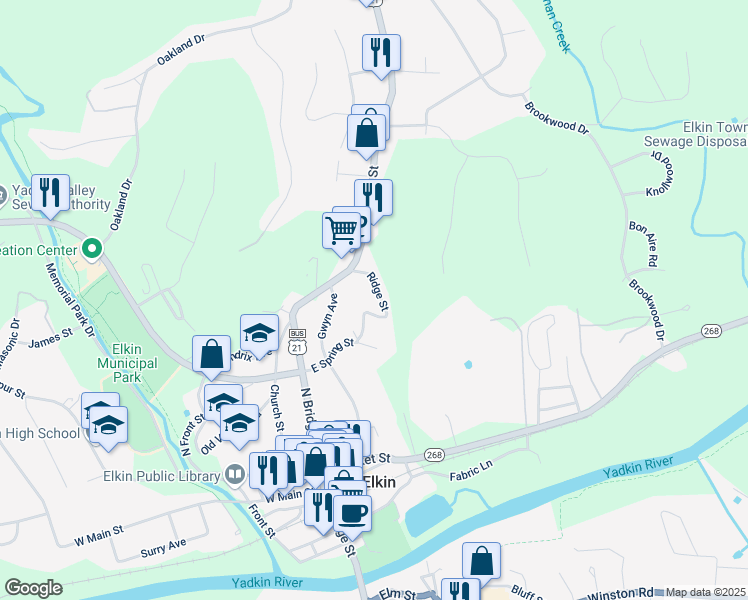 map of restaurants, bars, coffee shops, grocery stores, and more near 150 Ridge Street in Elkin