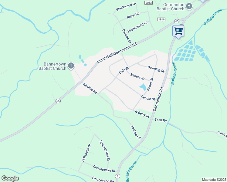 map of restaurants, bars, coffee shops, grocery stores, and more near 2509 North Berry Street in Germanton