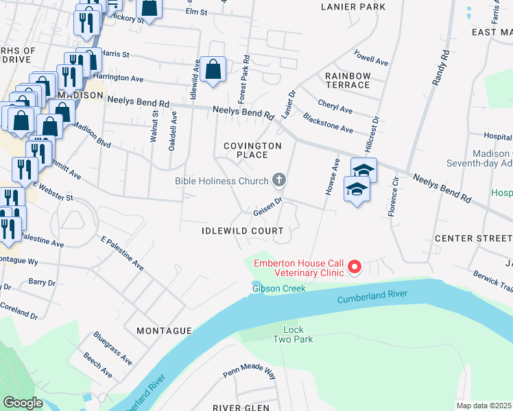 map of restaurants, bars, coffee shops, grocery stores, and more near 883 Geisen Drive in Nashville