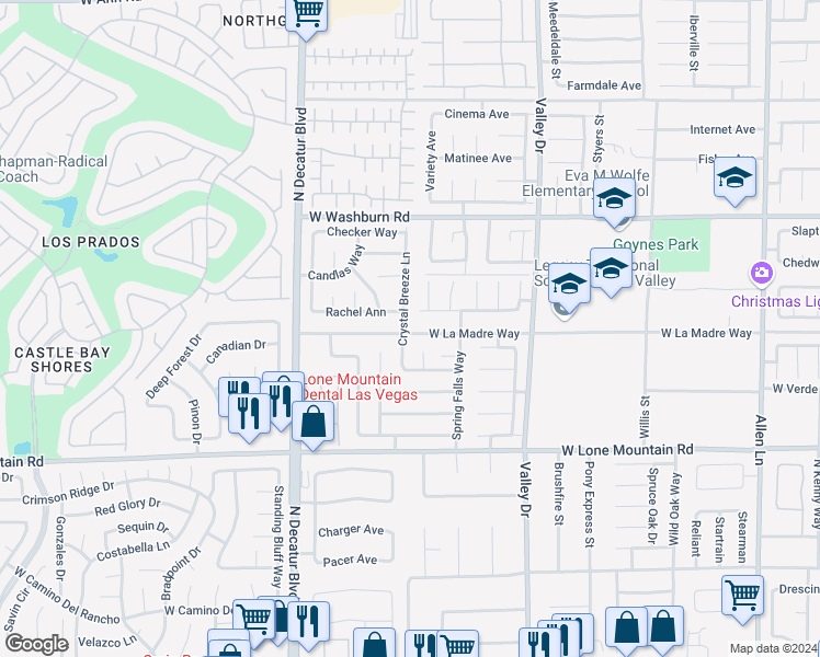map of restaurants, bars, coffee shops, grocery stores, and more near 5004 Crystal Breeze Lane in North Las Vegas