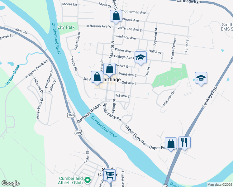 map of restaurants, bars, coffee shops, grocery stores, and more near 139 Spring Street in Carthage
