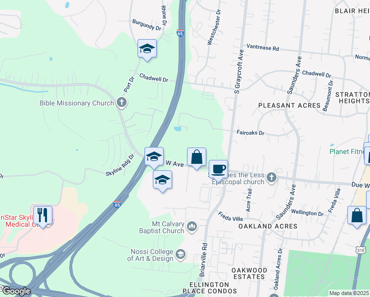 map of restaurants, bars, coffee shops, grocery stores, and more near 616 West Due West Avenue in Nashville