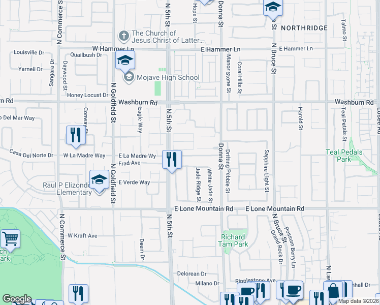 map of restaurants, bars, coffee shops, grocery stores, and more near 625 East La Madre Way in North Las Vegas