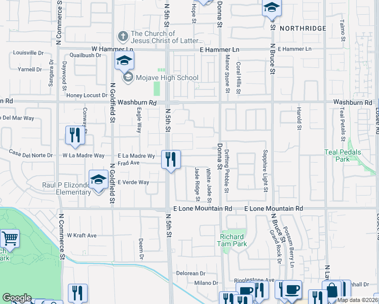 map of restaurants, bars, coffee shops, grocery stores, and more near 625 East La Madre Way in North Las Vegas