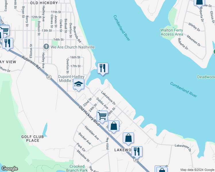 map of restaurants, bars, coffee shops, grocery stores, and more near 2109 Lakeshore Drive in Nashville