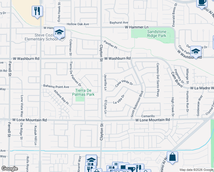 map of restaurants, bars, coffee shops, grocery stores, and more near 5020 Jacarilla Lane in North Las Vegas