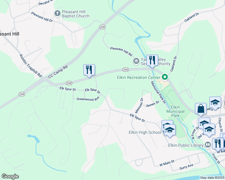map of restaurants, bars, coffee shops, grocery stores, and more near 150 Wisconsin Avenue in Elkin