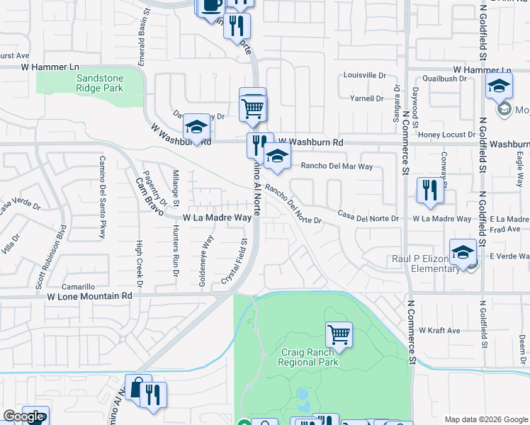 map of restaurants, bars, coffee shops, grocery stores, and more near 716 Madre Hill Way in North Las Vegas
