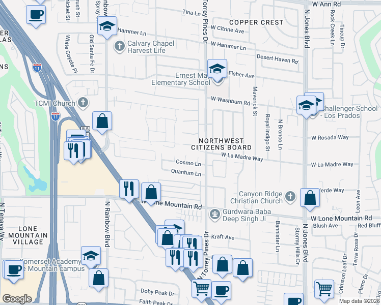 map of restaurants, bars, coffee shops, grocery stores, and more near 4900 Planet Court in Las Vegas