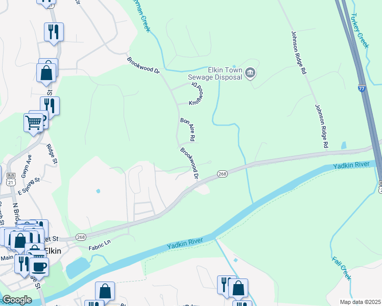 map of restaurants, bars, coffee shops, grocery stores, and more near 216 Brookwood Drive in Elkin