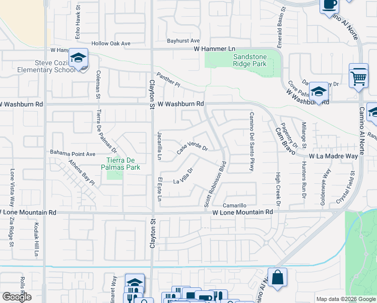 map of restaurants, bars, coffee shops, grocery stores, and more near 1919 Casa Verde Drive in North Las Vegas