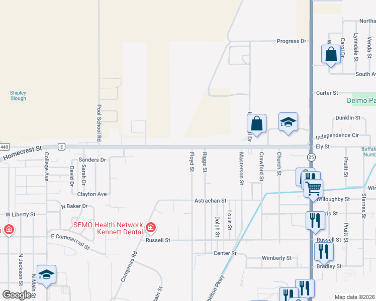 map of restaurants, bars, coffee shops, grocery stores, and more near 1219 Floyd Street in Kennett