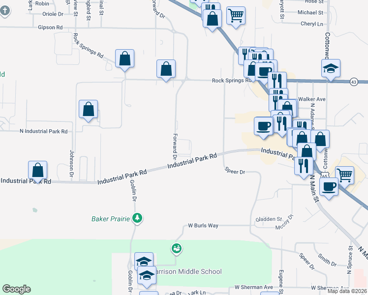 map of restaurants, bars, coffee shops, grocery stores, and more near 215 Industrial Park Road in Harrison
