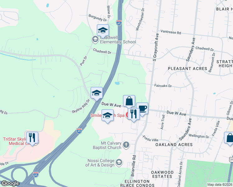 map of restaurants, bars, coffee shops, grocery stores, and more near 620 West Due West Avenue in Nashville