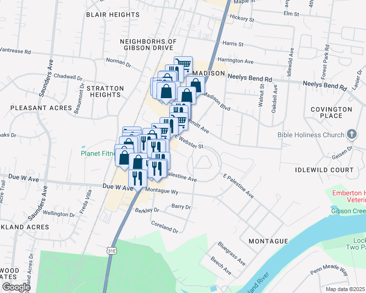 map of restaurants, bars, coffee shops, grocery stores, and more near 200 East Webster Street in Nashville
