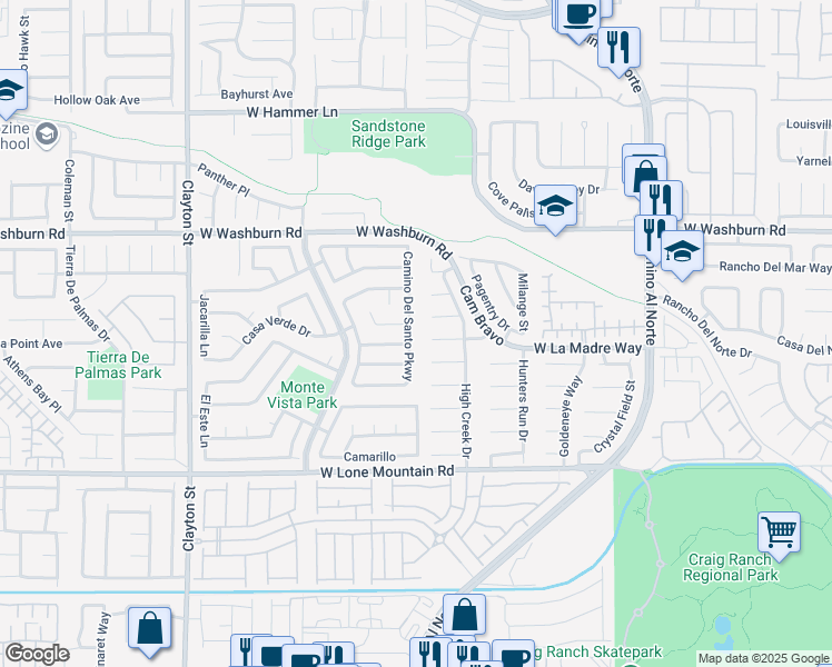 map of restaurants, bars, coffee shops, grocery stores, and more near 5016 Camino Del Santo Parkway in North Las Vegas