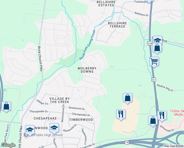 map of restaurants, bars, coffee shops, grocery stores, and more near 4683 Ridge Bend Drive in Nashville