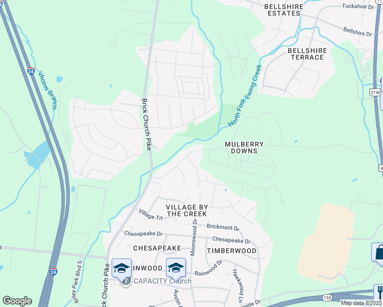 map of restaurants, bars, coffee shops, grocery stores, and more near 3861 Northbrook Drive in Nashville