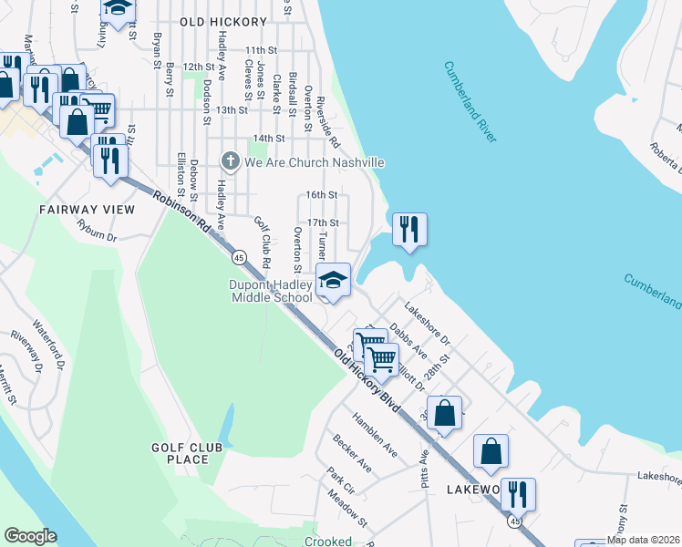 map of restaurants, bars, coffee shops, grocery stores, and more near 1800 Riverside Drive in Nashville