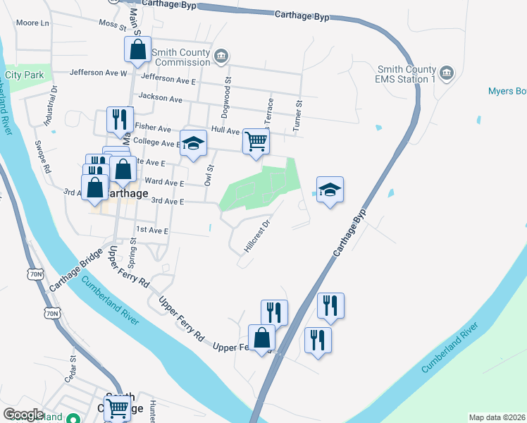 map of restaurants, bars, coffee shops, grocery stores, and more near 313 Hillcrest Drive in Carthage