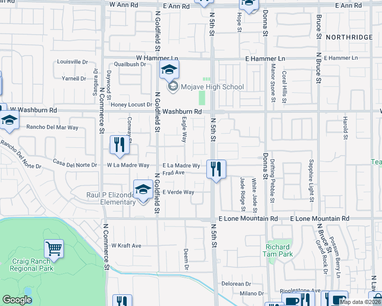 map of restaurants, bars, coffee shops, grocery stores, and more near 5021 Corbindale Street in North Las Vegas