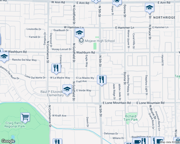 map of restaurants, bars, coffee shops, grocery stores, and more near 5021 Corbindale Street in North Las Vegas