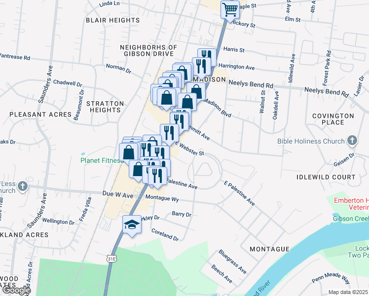 map of restaurants, bars, coffee shops, grocery stores, and more near 105 East Webster Street in Nashville
