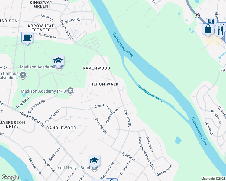 map of restaurants, bars, coffee shops, grocery stores, and more near 1005 Shawnee Road in Nashville