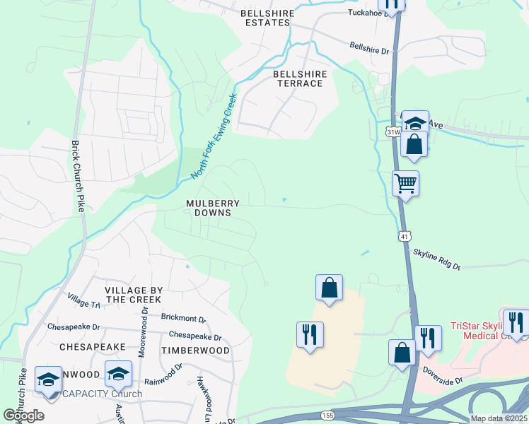 map of restaurants, bars, coffee shops, grocery stores, and more near 2101 Mulberry Downs Circle in Nashville