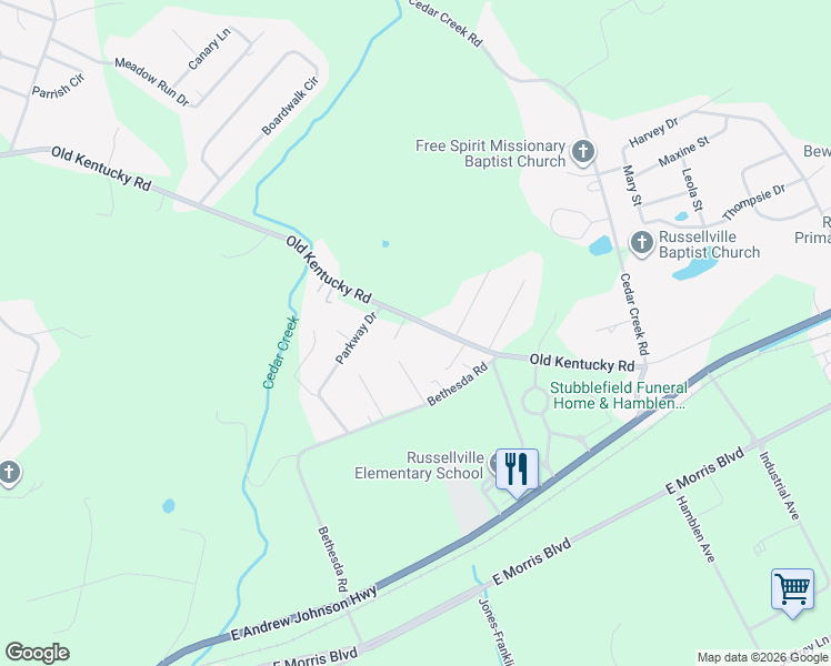 map of restaurants, bars, coffee shops, grocery stores, and more near 5170 Old Kentucky Road in Morristown