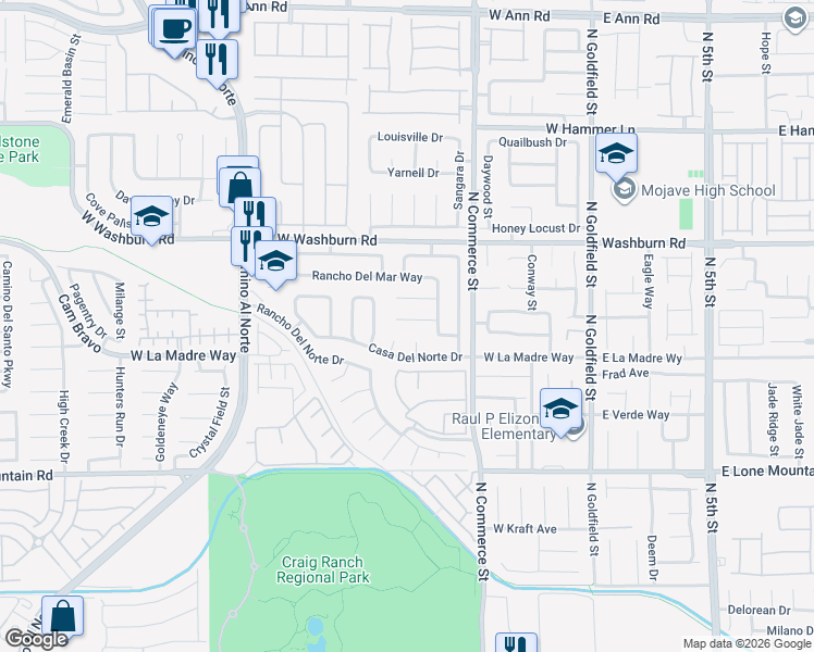 map of restaurants, bars, coffee shops, grocery stores, and more near 412 Don Fernando Circle in North Las Vegas