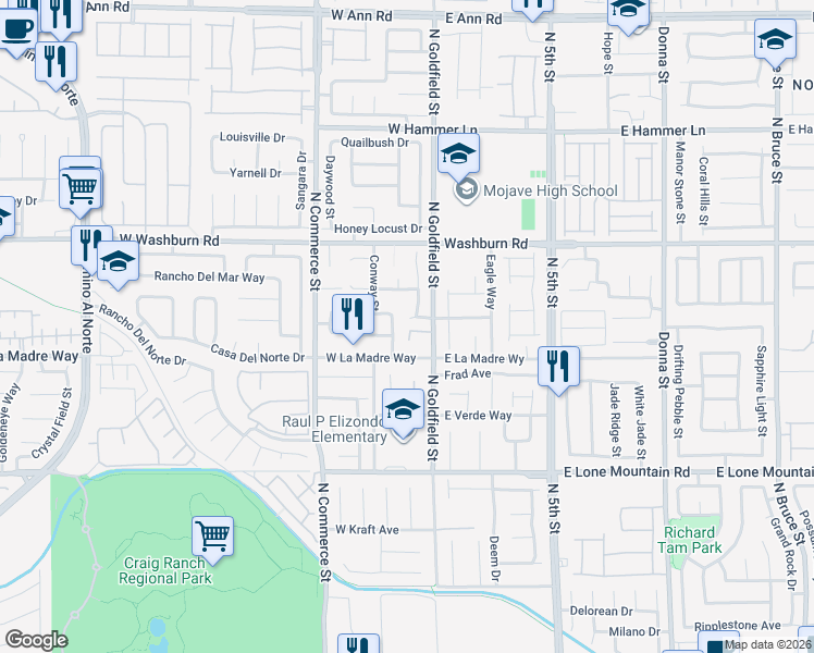 map of restaurants, bars, coffee shops, grocery stores, and more near 29 Blue Sunrise Avenue in North Las Vegas