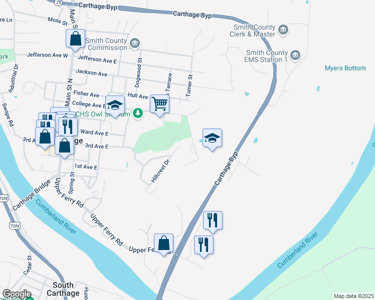 map of restaurants, bars, coffee shops, grocery stores, and more near 100-116 Horizon Cir in Carthage