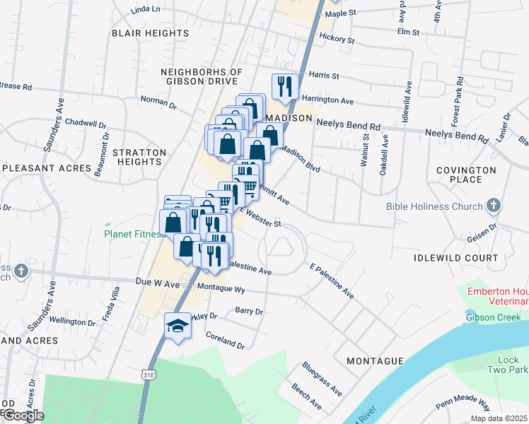 map of restaurants, bars, coffee shops, grocery stores, and more near 105 East Webster Street in Nashville