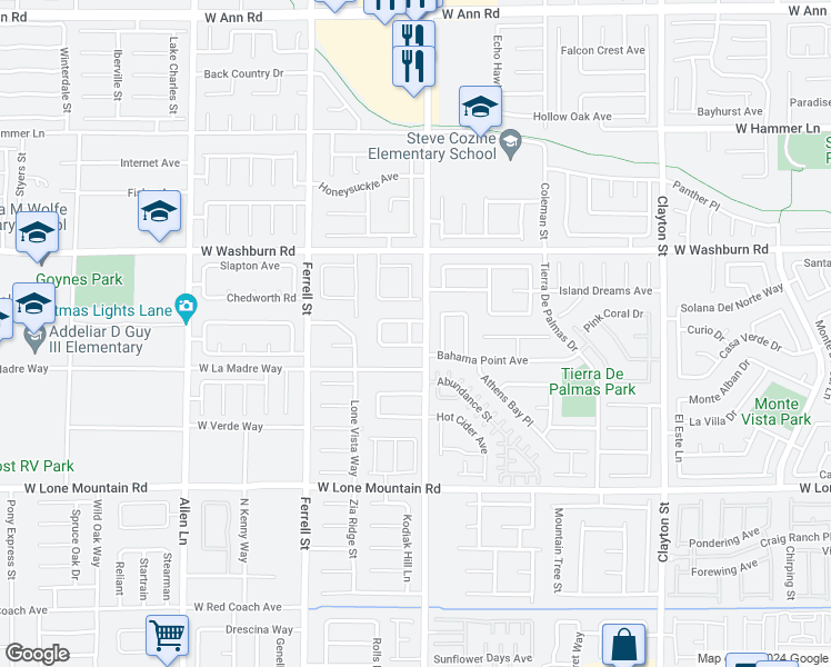 map of restaurants, bars, coffee shops, grocery stores, and more near 5030 Amber Crossing Street in North Las Vegas